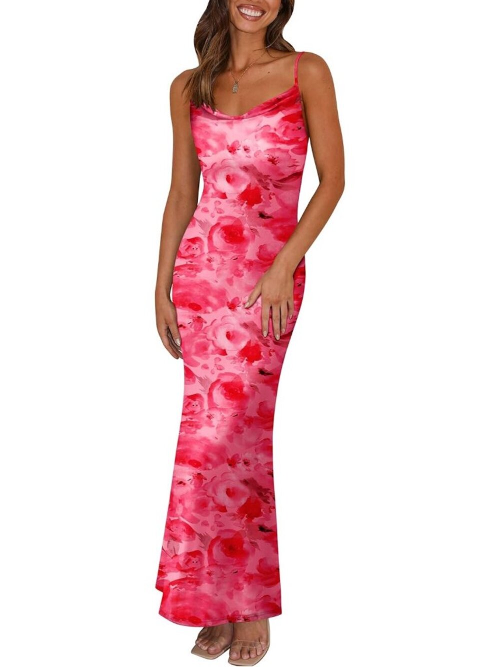 Women's Pink Floral Maxi Bodycon Spaghetti Strap Backless Summer Slip Dress